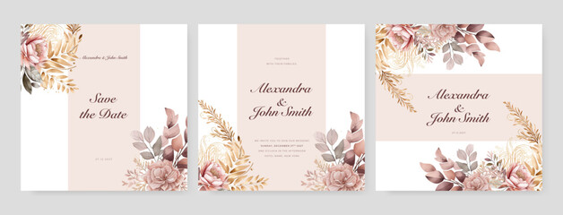 Fototapeta na wymiar Set of card with flower rose, leaves. Wedding ornament concept. Floral poster, invite. Vector decorative greeting card, invitation design background