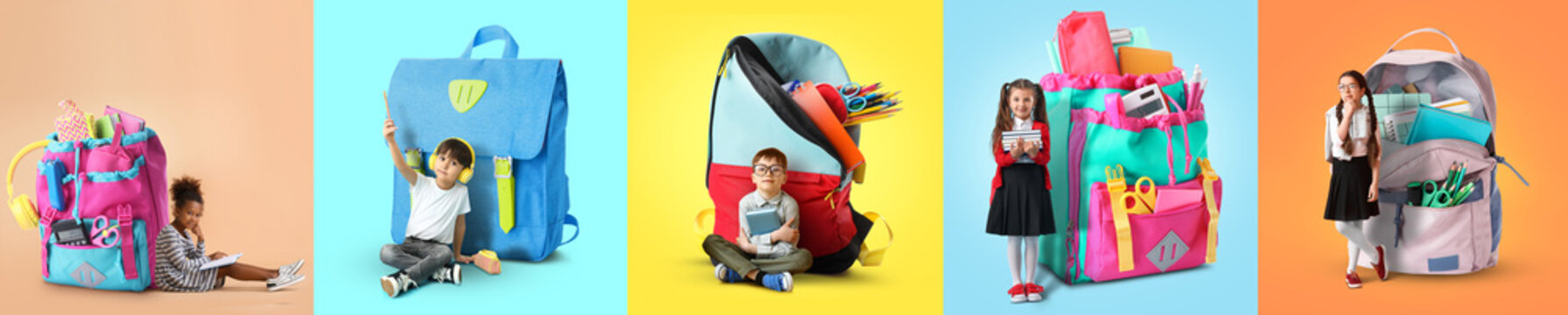 Set of little students and big schoolbags on colorful background