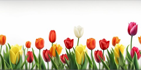 tulips at bottom with copy space isolated on white background, generative ai