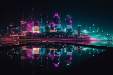 A modern city lit up in neon purple and cyan lights at night. The skyline boasts impressive futuristic architecture. Generative AI - obrazy, fototapety, plakaty