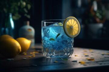 3D render of a lemony blue lagoon cocktail. Generative AI - obrazy, fototapety, plakaty