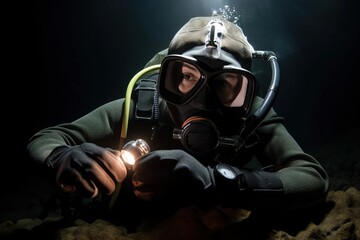 Close up photo of a scuba diver exploring the underwater world with a flashlight, created with Generative Ai Technology