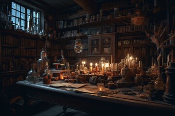 An alchemist's lab full of magic books and glowing potions at night. Generative AI - obrazy, fototapety, plakaty