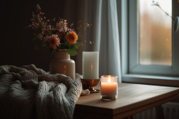 Candle & flowers on table by window, with blankets & candles. Generative AI