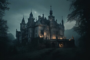 Fototapeta na wymiar Eerie gothic castle in a vampire city. Generative AI