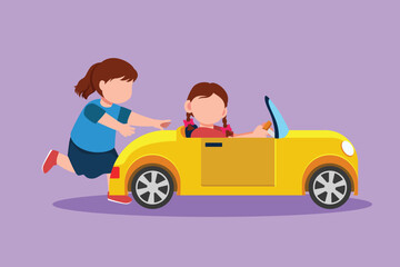 Character flat drawing cute little girl pushing her friend's car on road. Kids play with big toy car together. Sibling having fun with electric toy car at backyard. Cartoon design vector illustration