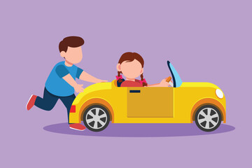 Character flat drawing little boy pushing his friend car on road. Boy and girl play with toy car together at amusement park. Kids having fun with electric toys car. Cartoon design vector illustration