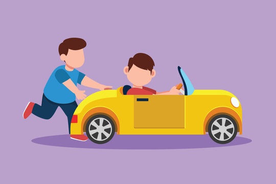 Character flat drawing happy boy is pushing his friend's car in the road. Kids play with big toy car together. Sibling having fun with electric toy car at backyard. Cartoon design vector illustration