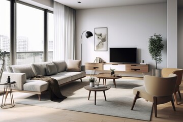 Fototapeta na wymiar Stylish 3D rendered modern apartment living room decor. Generative AI