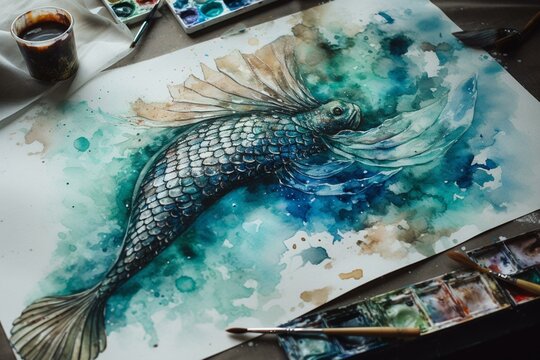 Watercolor painting of mermaid's tail. Generative AI