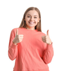 Young woman in red sweatshirt showing thumbs-up on white background