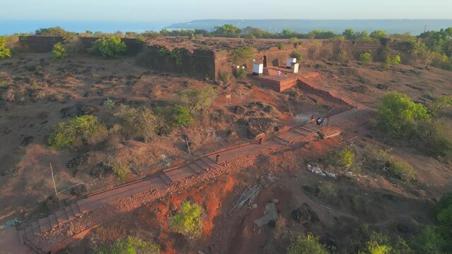 chapora fort  and beach bird eye wide to closeup view