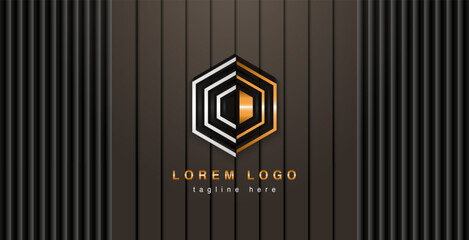 two sided monogram c and hexagon logo in gold black and silver.mockup logo