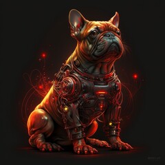 red cyborg French bulldog on black background, created with Generative Ai Technology