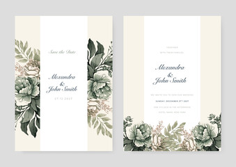 Sage green Elegant watercolor flower wedding invitation design template - obrazy, fototapety, plakaty