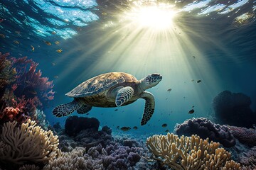 A turtle swims over a coral reef in the ocean, created with Generative Ai Technology