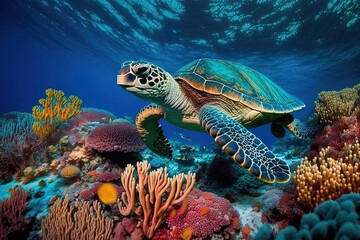 Fototapeta na wymiar A turtle swimming over a colorful coral reef, created with Generative Ai Technology