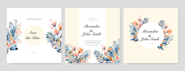 Floral vector card, wedding invitation with cherry or sakura watercolor flowers and golden elements.