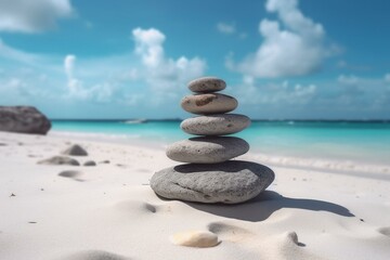 Fototapeta na wymiar Stack of stones on white sand beach. Zen meditation nature background. Generative AI
