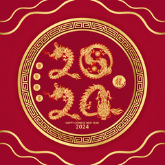 Happy Chinese New Year 2024. Chinese dragon gold zodiac sign on red background for card design. China lunar calendar animal. (Translation : happy new year 2024, dragon) Vector EPS10.