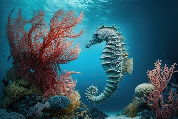 A sea horse is swimming in the ocean, created with Generative Ai Technology