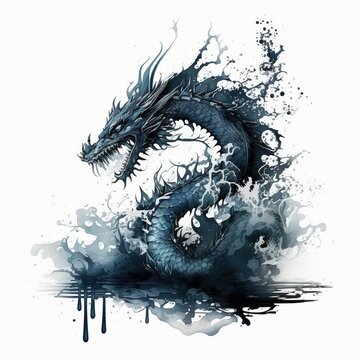 A traditional ink painting of a Chinese dragon on a white background, created with Generative Ai Technology