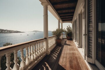 Typical Greek outdoor balcony with coastal view. Generative AI