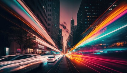 Fototapeta premium bright colors abstract line light in night modern city , warp speed , Generative AI