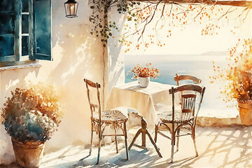Empty outdoors restaurant or café with table and chairs in Provencal style. Summer holiday. Watercolor illustration. post processed AI generated image
