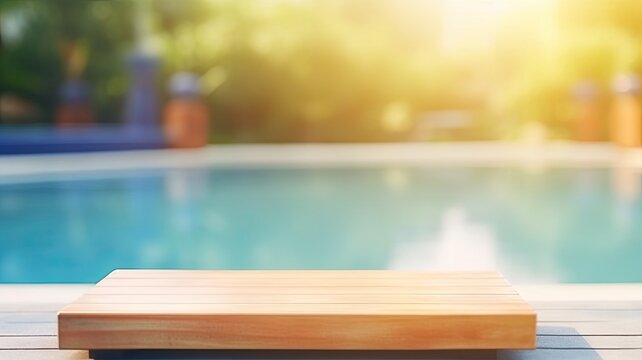 wooden table with swimming pool background, place to place product advertisements , Generative AI