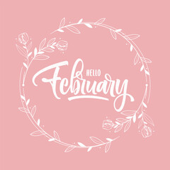 hello february lettering with rounded floral frame background © ayunannas