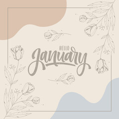 hello january lettering with floral frame background
