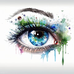 A blue eye with watercolor paint splatters on it, created with Generative Ai Technology