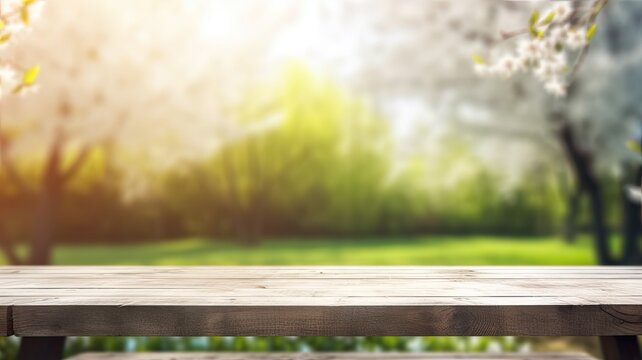 empty table to showcase your product on garden wind angle view background , Generative AI