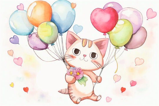 Watercolor Illustration of a cartoon anime style cat, flowers and heart-shaped balloons. Happy birthday holiday. post processed AI generated image
