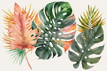 A watercolor painting of tropical leaves on a white background, created with Generative Ai Technology