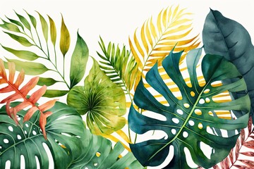 A watercolor painting of tropical leaves on a white background, created with Generative Ai Technology
