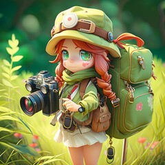 A little wild camping girl girl with a camera and a backpack, created with Generative Ai Technology