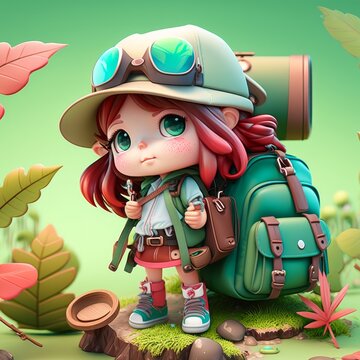 A little wild camping girl with pink hair and green eyes is carrying a backpack, created with Generative Ai Technology