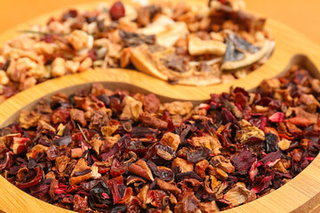 Plate with dried fruit tea as background, closeup