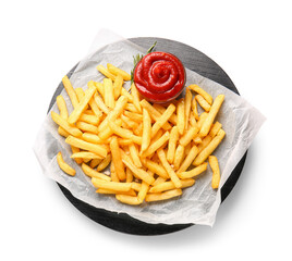 Wooden board with tasty french fries and ketchup on white background