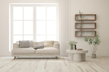 White living room with sofa. Scandinavian interior design. 3D illustration