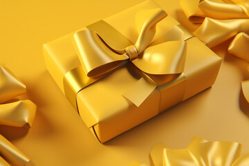 gold gift box Flat Lay Gift Box with Satin Ribbon and Bow on Yellow Background, Generative AI	