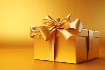Golden Gift Box with Satin Ribbon and Bow on Yellow Background, Generative AI	
