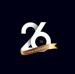 26 years anniversary vector number icon, birthday logo label, black and white with gold ribbon