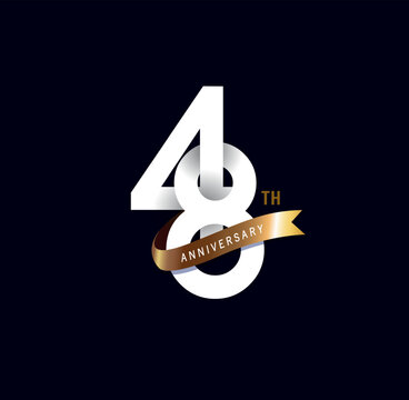 48 years anniversary vector number icon, birthday logo label, black and white with gold ribbon