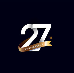 27 years anniversary vector number icon, birthday logo label, black and white with gold ribbon - obrazy, fototapety, plakaty