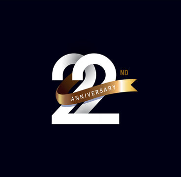 22 years anniversary vector number icon, birthday logo label, black and white with gold ribbon