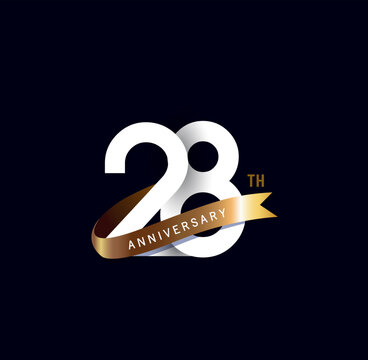 28 years anniversary vector number icon, birthday logo label, black and white with gold ribbon