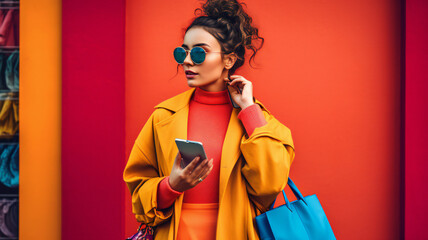 Fototapeta premium Cheerful woman shopping in city, hands full of bags, enjoys treating herself, finding joy and satisfaction in stylish attire colorful background and energetic scene reflect her fashionable lifestyle.